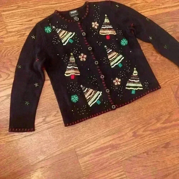 Vintage Christmas Beaded Sequin Sweater Cardigan Size Medium Ugly Christmas - Picture 13 of 15